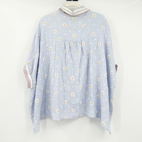Easel Womens Boho Spring Gauzy Striped Daisy Floral Printed Top Size 1X Blue - Picture 10 of 10